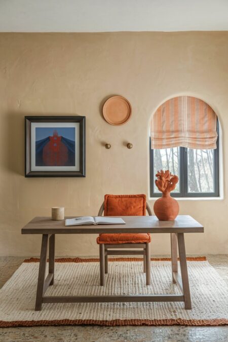 beige home office with terracotta accents