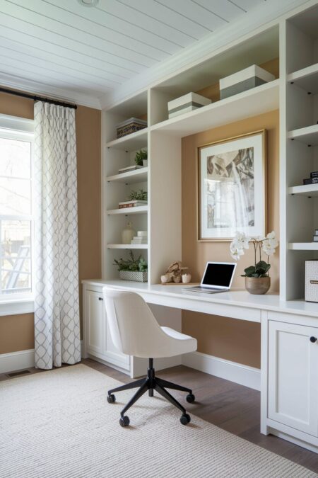 beige home office with white built-in shelving