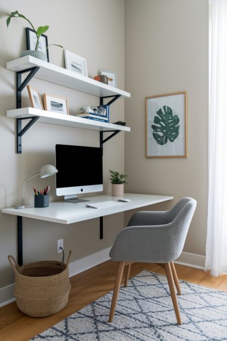 beige modern home office with white floating shelves and desk, hidden cable management