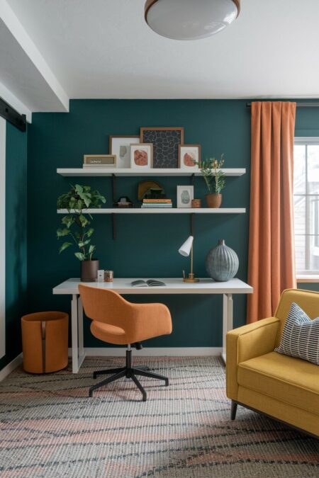 blue-green eclectic home office with white floating shelves, orange and yellow decor and furniture