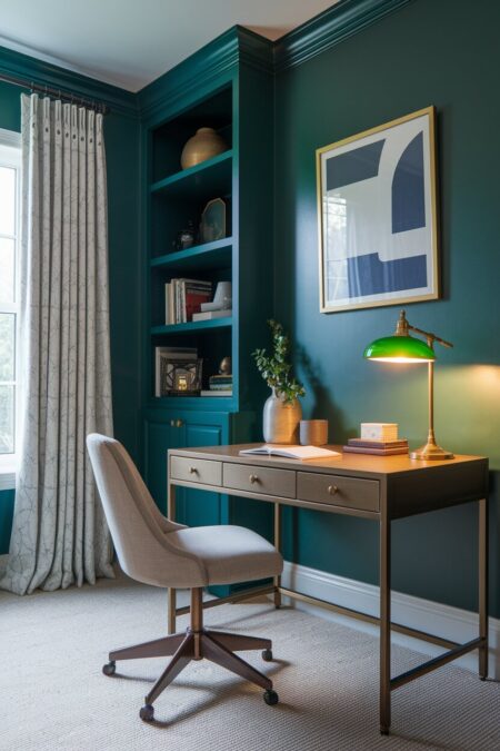 blue-green traditional home office with a banker's lamp