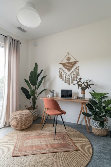 boho home office with a small patterned rug placed on top of the round jute rug