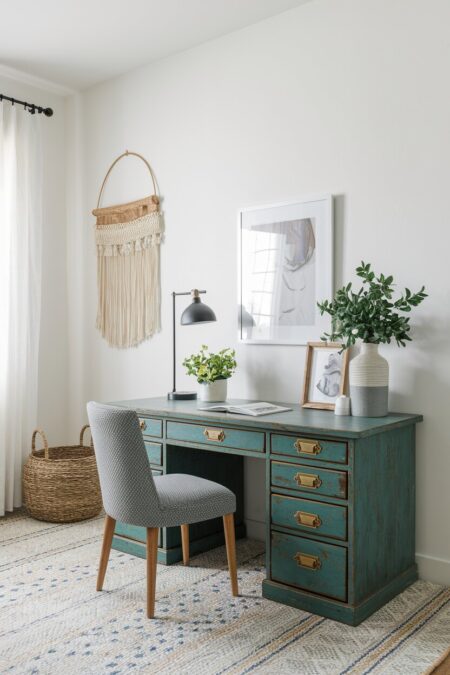 boho home office with a vintage wood desk with brass hardware and weathered green paint