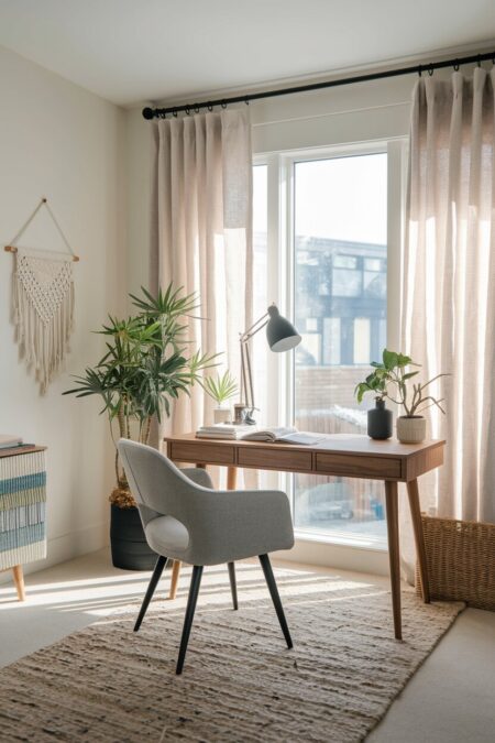 boho home office with a wooden desk placed next to the window with sheer curtains