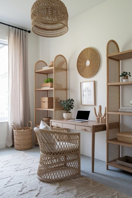 boho home office with a woven rattan chair and open shelving units