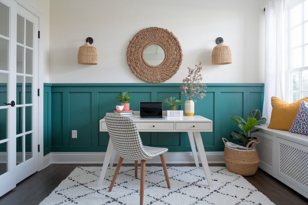 boho home office with blue-green board and batten and a white desk