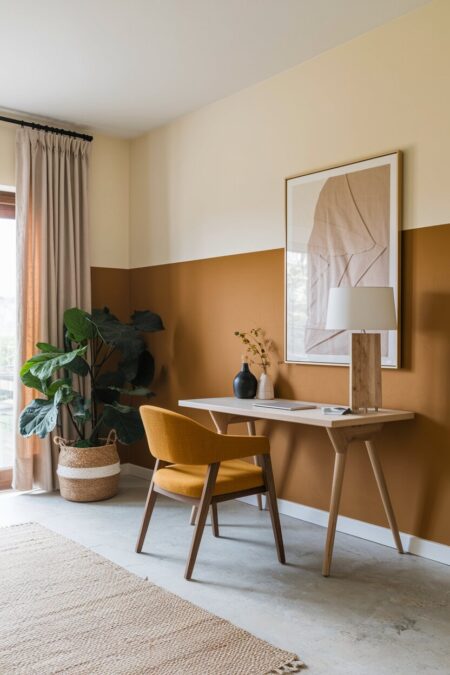 boho home office with cream and ochre walls, a mustard yellow chair, and wooden accents