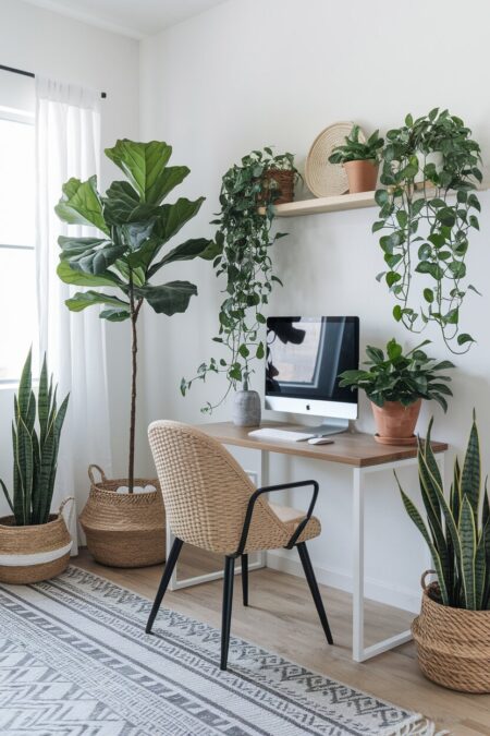 boho home office with lots of houseplants, terracotta and woven planters