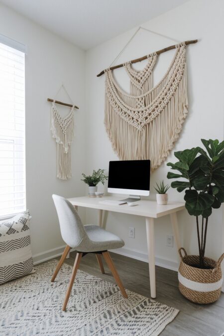 boho home office with macrame wall hangings above the white desk