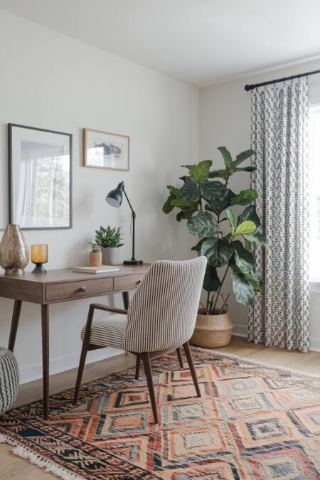 boho home office with mixed patterns: a striped chair, a colorful area rug, and patterned curtains