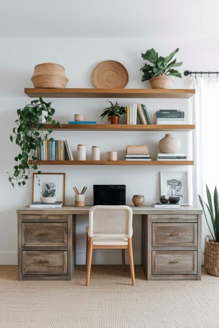 boho home office with open shelving to display the objects and a weathered wooden desk