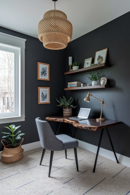 charcoal gray home office with a live-edge walnut desk and floating shelves, a gray chair