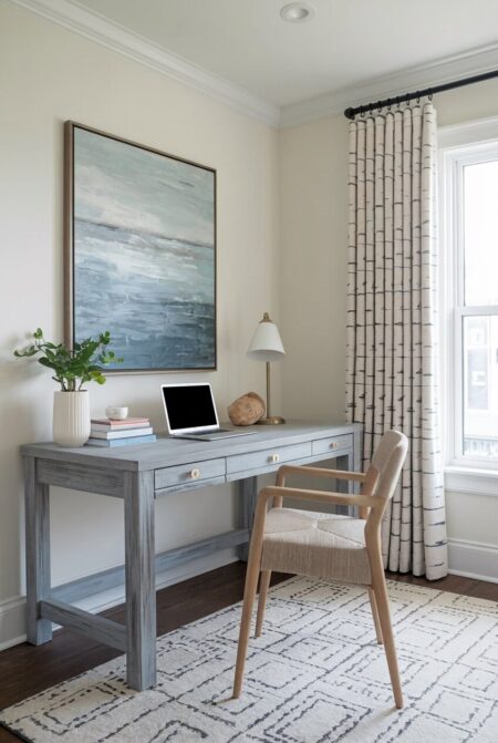 coastal home office has a desk with a driftwood or weathered-gray finish