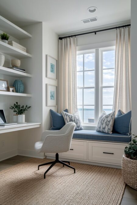 coastal home office has a window seat with drawers and dark blue cushions