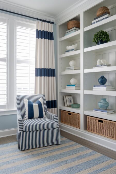 coastal home office with white shelving, striped curtains, armchair, and muted area rug