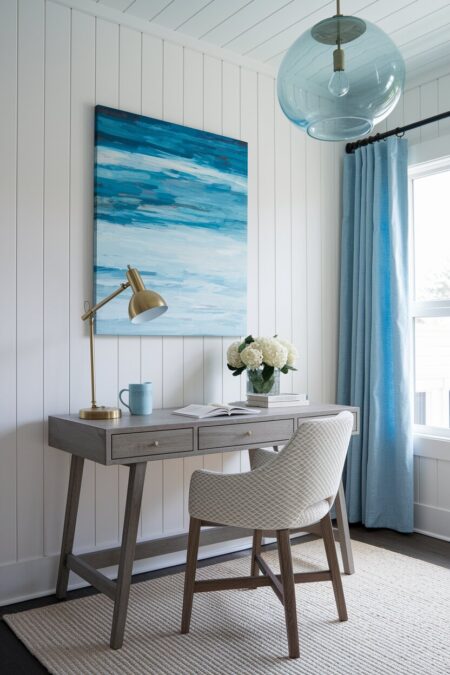 coastal home office with white shiplap walls, a brass desk lamp, and a glass pendant light