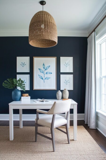coastal navy blue home office with a white desk, woven pendant light, and watercolor prints