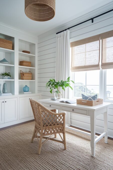 coastal white home office with shiplap walls, a whitewashed wood desk, and a rattan chair
