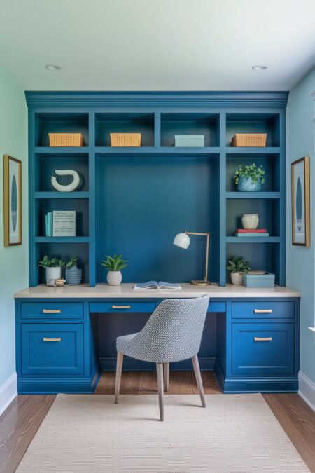 colorful home office with a bold blue built-in desk and shelving