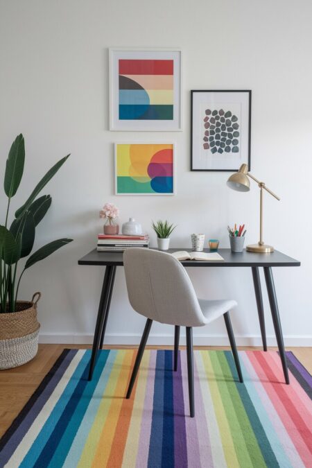colorful home office with a rainbow area rug and simple black desk