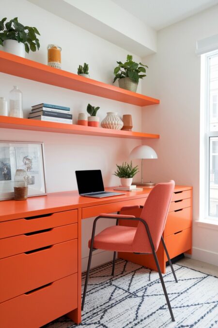 colorful home office with white walls, an orange desk and floating shelves