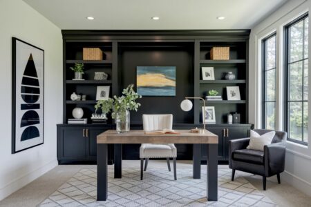 contemporary home office with a black leather accent chair and black built-in shelving