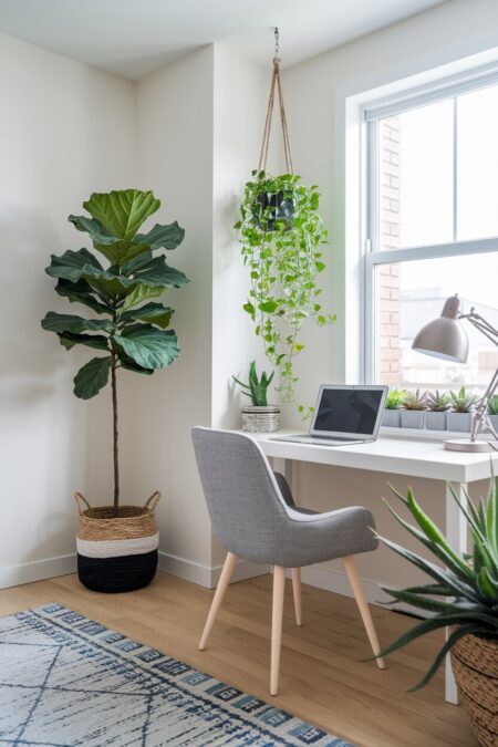 contemporary home office with a desk in front of a window, a fiddle leaf fig, and succulents on the windowsill