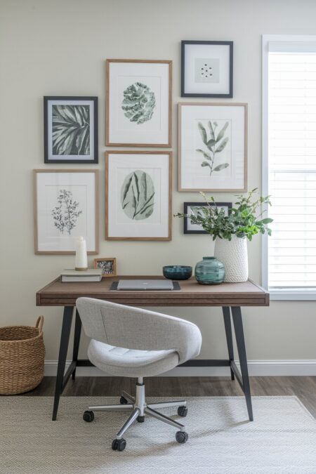 contemporary home office with a gallery wall above the desk