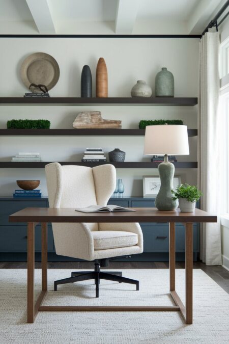 contemporary home office with an ergonomic boucle chair
