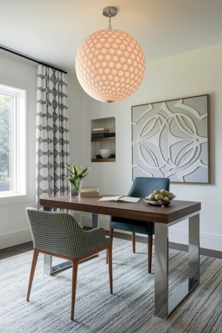 contemporary home office with an oversize sphere pendant light above the desk