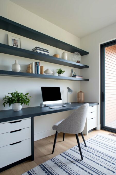 contemporary home office with dark floating shelves and built-in desk, hidden cables