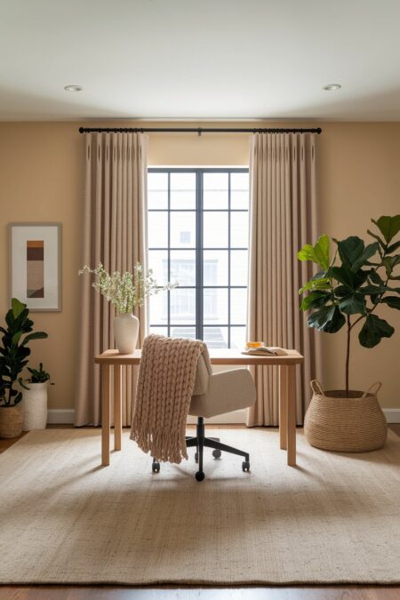cozy beige home office with a chunky wool throw over the desk chair