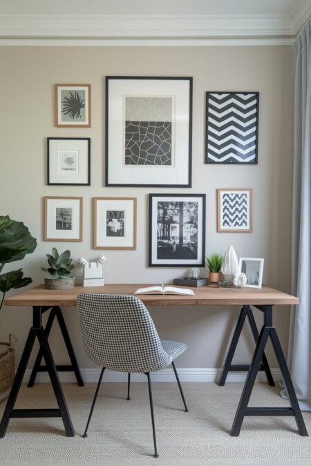 cozy home office with a gallery wall