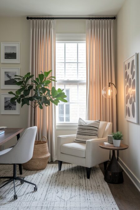 cozy home office with a light armchair and a floor lamp in the corner