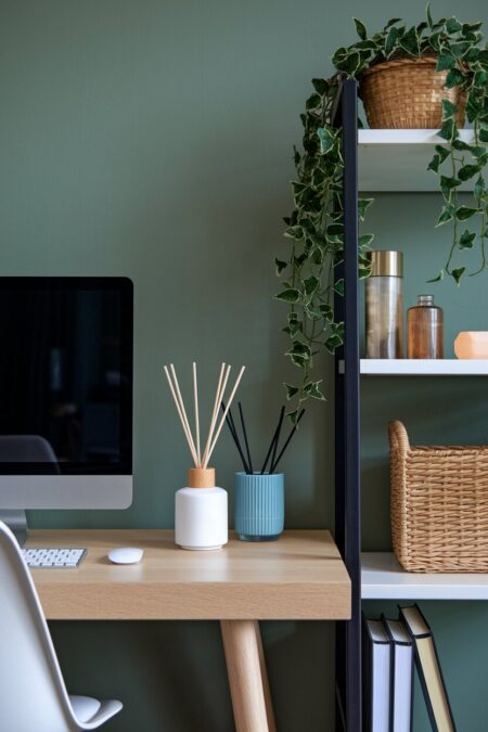cozy home office with a reed diffuser on the light wood desk