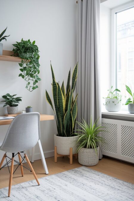 cozy home office with a snake plant in the corner and other houseplants