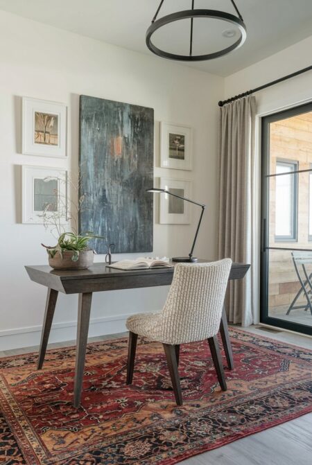 cozy home office with a vintage rug in faded red and rust tones, a gray desk