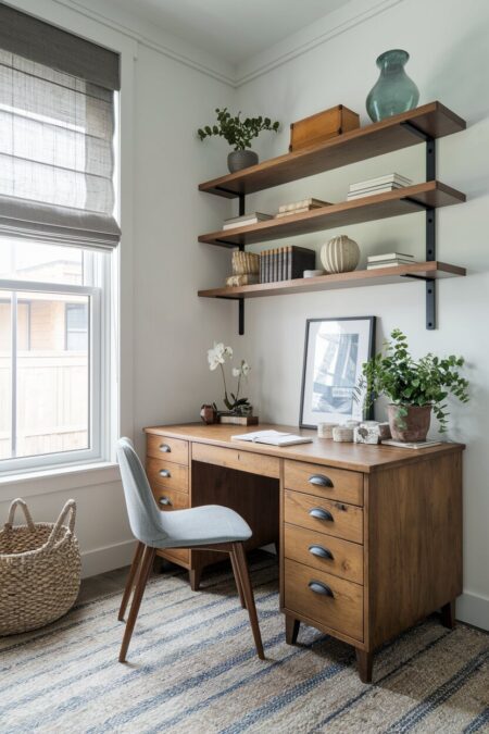 cozy home office with a vintage wood desk and floating shelves