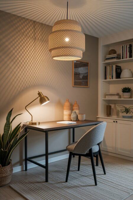 cozy home office with a warm rattan pendant and brass desk lamp