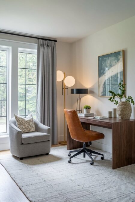 cozy home office with a wood desk, leather office chair, and a gray curved-back armchair