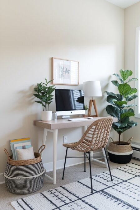 cozy home office with a woven basket used for storage next to the desk