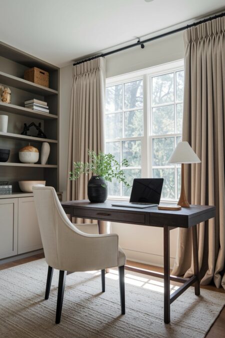 cozy home office with taupe shelving, linen curtains, and a dark desk