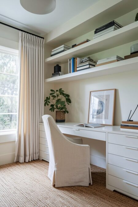 cream and white home office with a built-in desk, floating shelves, linen chair upholstery and drapes