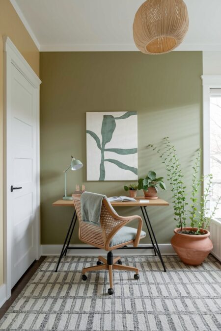 cream home office with a sage green accent wall, modern area rug, and houseplants in terracotta pots