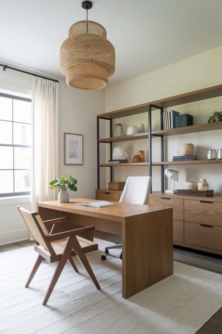 cream home office with a solid wood desk, bookcase with open shelving, and a woven pendant