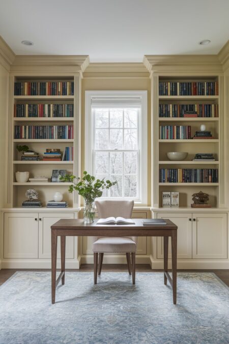 cream home office with built-ins and a wooden desk