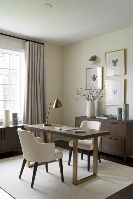 cream home office with dark walnut wood furniture, a brass desk lamp and drawer pulls