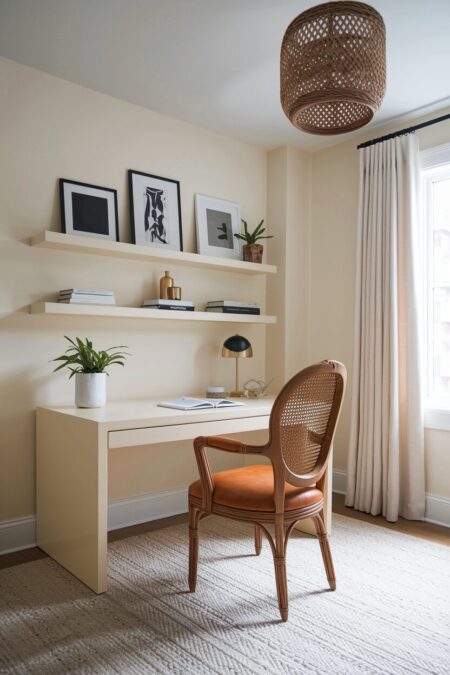 cream home office with floating shelves and an accent leather cane back chair