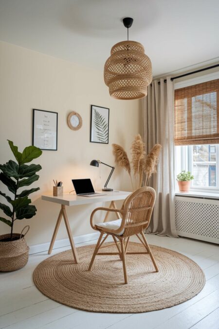 cream workspace with a rattan chair, jute rug, bamboo blinds, and natural textures