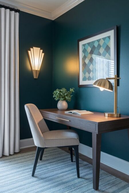 dark Art Deco home office with a vintage-inspired wall sconce, brass desk lamp, and a checkered wall art